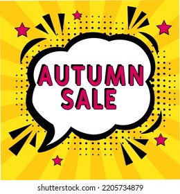 Comic lettering autumn sale. Vector bright cartoon illustration in retro pop art style. Comic text sound effects. autumn sale text. Comic book explosion with text autumn sale promotion symbol. 