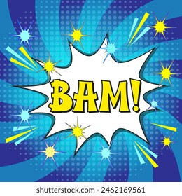 Comic lettering bam. Vector bright cartoon illustration in retro pop art style. Comic text sound effects. EPS 10.