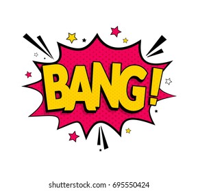 Comic lettering bang. Vector bright cartoon illustration in retro pop art style. Comic text sound effects. EPS 10.