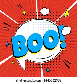 Comic Lettering Boo In The Speech Bubbles Comic Style Flat Design. Dynamic Pop Art Vector Illustration Isolated On Rays Background. Exclamation Concept Of Comic Book Style Pop Art Voice Phrase.