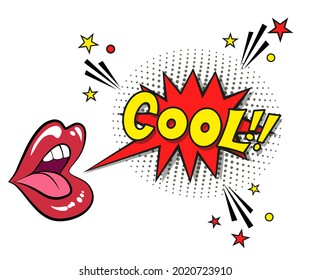 Comic lettering cool with red lips and an open mouth. Vector bright cartoon illustration in retro pop art style. Comic text sound effects. EPS 10.