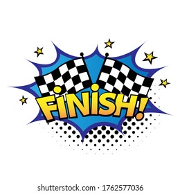 Comic lettering Finish. Comic speech bubble with emotional text Finish. Vector bright dynamic cartoon illustration in retro pop art style isolated on white background. Comic text sound effects