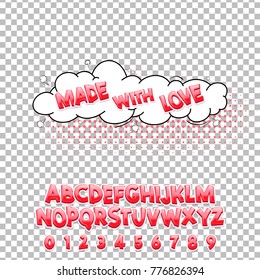Comic lettering font Made with love 3d. Vector alphabet.Hand Lettering script font. Typography alphabet for Designs: Logos, Packaging Design, Poster. ABC...