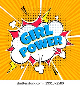 Comic Lettering GIRL POWER In The Speech Bubbles Comic Style Flat Design. Dynamic Pop Art Vector Illustration Isolated On Rays Background. Exclamation Concept Of Comic Book Style Pop Art Voice Phrase