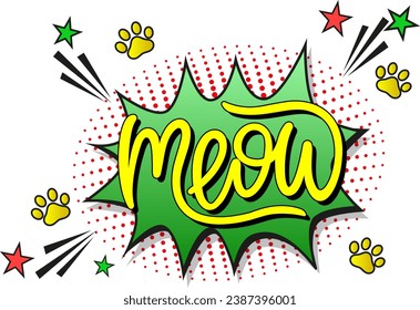 Comic lettering meow. Vector bright cartoon illustration in retro pop art style. Comic text sound effects. EPS 10.
