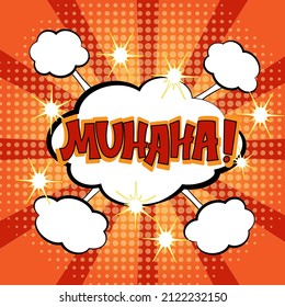 Comic lettering muhaha. Vector bright cartoon illustration in retro pop art style. Comic text sound effects. EPS 10.