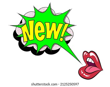 Letras cómicas nuevas con labios rojos y boca abierta. Ilustración de dibujos animados brillantes en estilo retro de arte pop. Efectos de sonido de texto cómico. EPS 10.