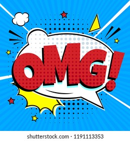 Comic lettering OMG! in the speech bubble comic style flat design. Dynamic retro vintage pop art illustration isolated on blue rays background. Exclamation OH MY GOD!