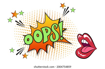 Cables de letras cómicas con labios rojos y boca abierta. Ilustración de dibujos animados brillantes en estilo retro de arte pop. Efectos de sonido de texto cómico. EPS 10.