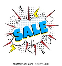 Comic Lettering Sale! In The Speech Bubble Comic Style Flat Design. Dynamic Retro Vintage Pop Art Illustration Isolated On White Background. Exclamation Sale! Sticker Or Label For Store Or Shop.