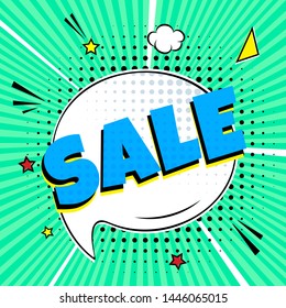 Comic lettering SALE! in the speech bubble comic style flat design. Dynamic retro vintage pop art illustration isolated on rays background. Exclamation SALE! Sticker or label for store or shop.