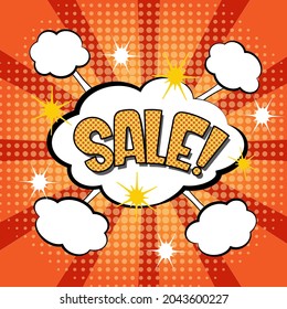 Comic lettering sale. Vector bright cartoon illustration in retro pop art style. Comic text sound effects. EPS 10.
