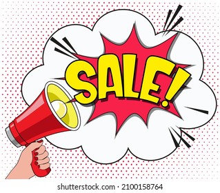 Comic lettering sale. Vector bright cartoon illustration in retro pop art style. Comic text sound effects. EPS 10.