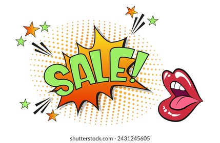 Venta de letras cómicas. Ilustración de dibujos animados brillante del vector en estilo retro del arte pop. Efectos de sonido de texto cómico. EPS 10.
