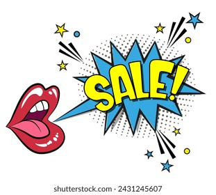 Comic lettering sale. Vector bright cartoon illustration in retro pop art style. Comic text sound effects. EPS 10.