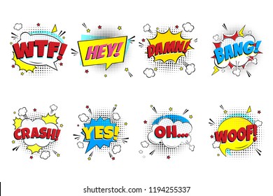 Comic lettering set. WTF!, HEY!, DAMN!, BANG!, CRASH!, YES!, OH..., WOOF! in the speech bubbles comic style flat design. Dynamic pop art illustration isolated on white background. Exclamation concept.