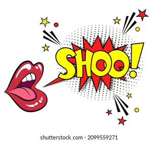 Comic-Schriftzeichen mit roten Lippen und offenem Mund. Vektorhelle Cartoon-Illustration im Retro-Pop-Art-Stil. Comic-Text-Soundeffekte. EPS10.