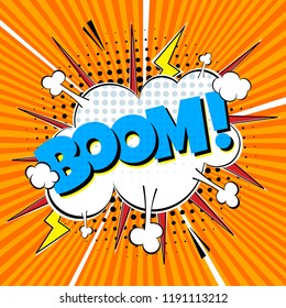 Comic lettering speech bubble for emotion with text BOOM! comic style flat design. Dynamic pop art illustration isolated on orange rays background.