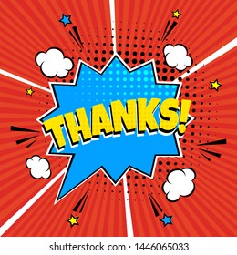 Comic lettering speech bubble for emotion with text Thanks! comic style flat design. Dynamic pop art illustration isolated on Rays background. Voice exclamation concept.