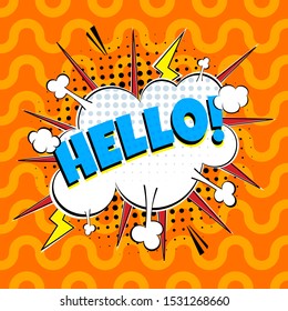 Comic lettering speech bubble for emotion with text HELLO comic style flat design. Dynamic pop art illustration isolated on rays background. Voice exclamation concept.