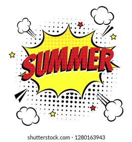 Comic Lettering Summer In The Speech Bubbles Comic Style Flat Design. Dynamic Pop Art Vector Illustration Isolated On White Background. Exclamation Concept Of Comic Book Style Pop Art Voice Phrase.