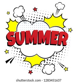 Comic Lettering Summer In The Speech Bubbles Comic Style Flat Design. Dynamic Pop Art Vector Illustration Isolated On White Background. Exclamation Concept Of Comic Book Style Pop Art Voice Phrase.