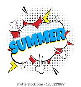 Comic Lettering Summer In The Speech Bubbles Comic Style Flat Design. Dynamic Pop Art Vector Illustration Isolated On White Background. Exclamation Concept Of Comic Book Style Pop Art Voice Phrase.