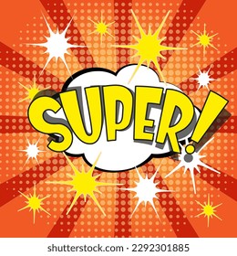 Comic lettering super. Vector bright cartoon illustration in retro pop art style. Comic text sound effects. EPS 10.