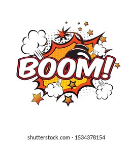 Comic lettering with white boom text cartoon in retro pop art style
