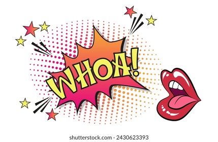 Comic lettering whoa. Vector bright cartoon illustration in retro pop art style. Comic text sound effects. EPS 10.