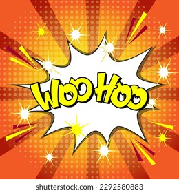 Comic lettering woo hoo. Vector bright cartoon illustration in retro pop art style. Comic text sound effects. EPS 10.