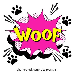 Comic lettering woof. Vector bright cartoon illustration in retro pop art style. Comic text sound effects. EPS 10.