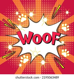 Comic lettering woof. Vector bright cartoon illustration in retro pop art style. Comic text sound effects. EPS 10.