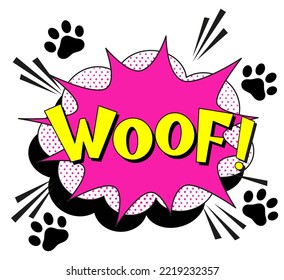 Comic lettering woof. Vector bright cartoon illustration in retro pop art style. Comic text sound effects. EPS 10.