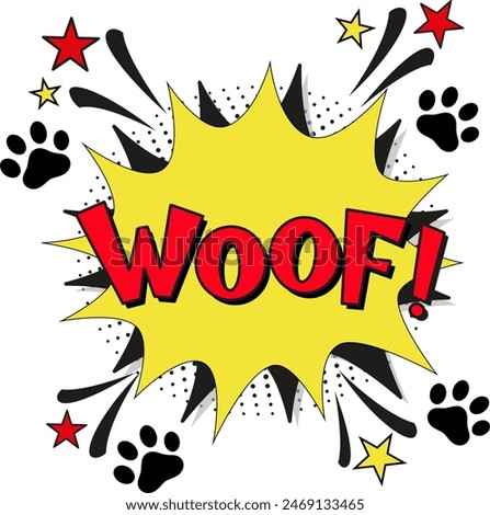 Comic lettering woof. Vector bright cartoon illustration in retro pop art style. Comic text sound effects. EPS 10.