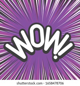 Las letras del cómic wow. Antecedentes decorativos con destello del explosivo de bomba. Graciosa explosión de caricaturas. Bubble de voz con texto WOW! Ilustración vectorial en estilo plano. EPS 10.