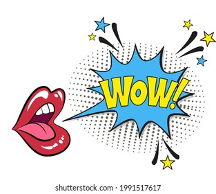 Comic lettering wow with red lips and an open mouth. Vector bright cartoon illustration in retro pop art style. Comic text sound effects. EPS 10.
