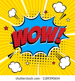 Comic lettering WOW! in the speech bubble comics style flat design. Dynamic vintage retro pop art illustration isolated on yellow rays background. Exclamation WOW!