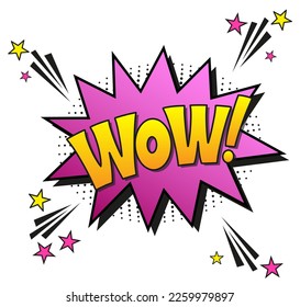 Comic lettering wow. Vector bright cartoon illustration in retro pop art style. Comic text sound effects. EPS 10.