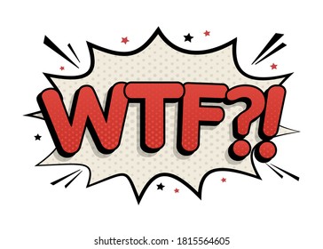 Grabación de historietas wtf. Mensaje con estilo de arte pop. Ilustración de dibujos animados sobre fondo blanco. Efectos de sonido de texto cómico.
