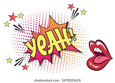 Comic lettering yeah. Vector bright cartoon illustration in retro pop art style. Comic text sound effects. EPS 10.