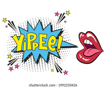 Yippee con letras cómicas con labios rojos y boca abierta. Ilustración de dibujos animados brillantes en estilo retro de arte pop. Efectos de sonido de texto cómico. EPS 10.