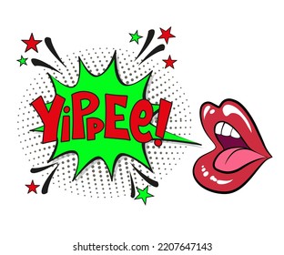 Yippee con letras cómicas con labios rojos y boca abierta. Ilustración de dibujos animados brillantes en estilo retro de arte pop. Efectos de sonido de texto cómico. EPS 10.