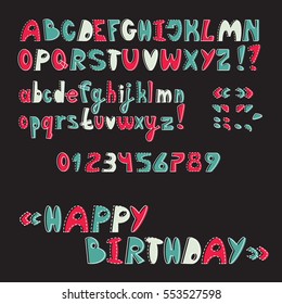 Comic letters ABC, baby font, cartoon vector uppercase and lowercase alphabet and numbers. Fancy color.