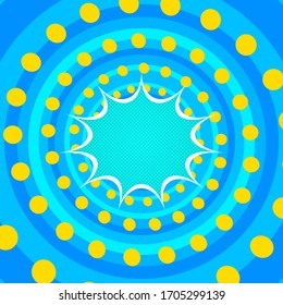 Comic light abstract template with turquoise blank speech bubble yellow spiral and blue circles effects. Vector illustration