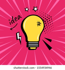 Comic light bulb with speech elements on pink background in pop art style. Vector illustration