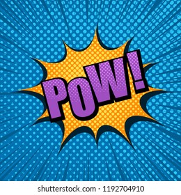 Comic light colorful template with purple Pow wording orange speech bubble halftone and rays humor effects on blue background. Vector illustration