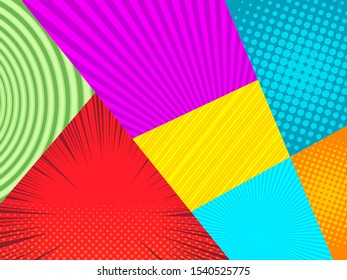 Comic light composition with colorful frames and different humor effects. Vector illustration