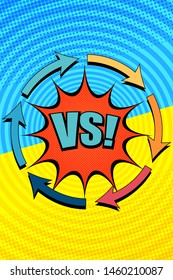 Comic light fight concept with red speech bubble VS wording round arrows dotted circles humor effects. Vector illustration