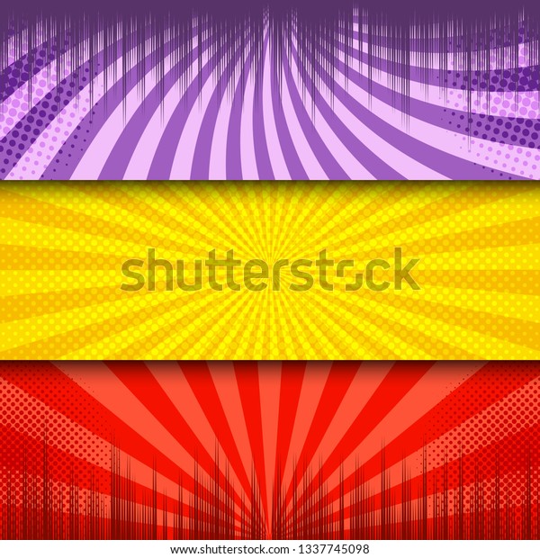 Comic light horizontal\
banners with radial halftone rays in purple yellow red colors.\
Vector illustration